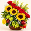 Arreglo Premium de Girasoles, Rosas y Frutas Frescas 🌻🍎🍇