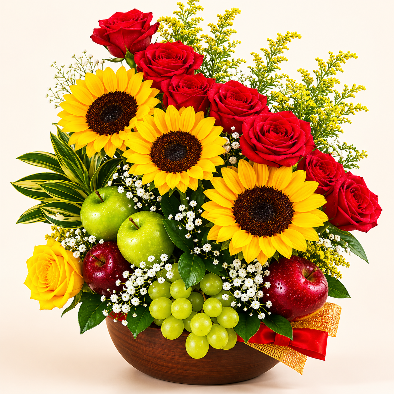 Arreglo Premium de Girasoles, Rosas y Frutas Frescas 🌻🍎🍇